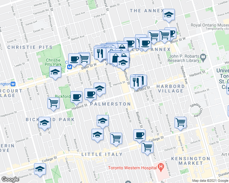 map of restaurants, bars, coffee shops, grocery stores, and more near in Toronto