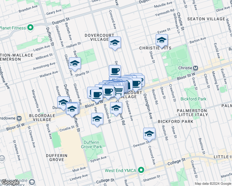 map of restaurants, bars, coffee shops, grocery stores, and more near in Toronto