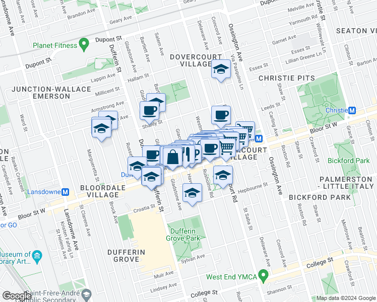 map of restaurants, bars, coffee shops, grocery stores, and more near 42 Salem Avenue in Toronto