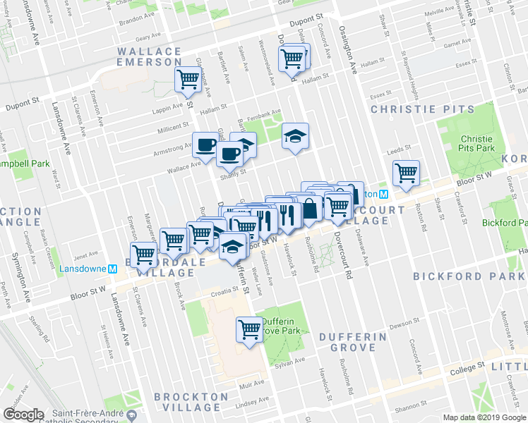 map of restaurants, bars, coffee shops, grocery stores, and more near in Toronto