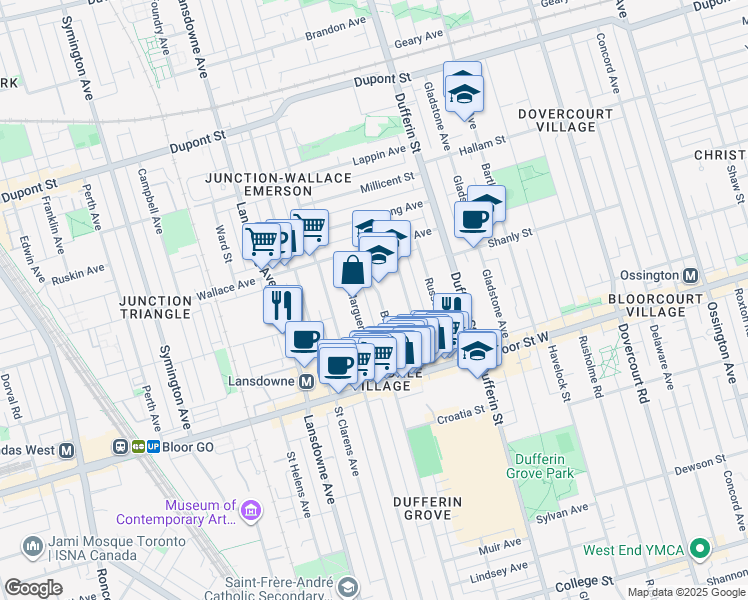 map of restaurants, bars, coffee shops, grocery stores, and more near in Toronto