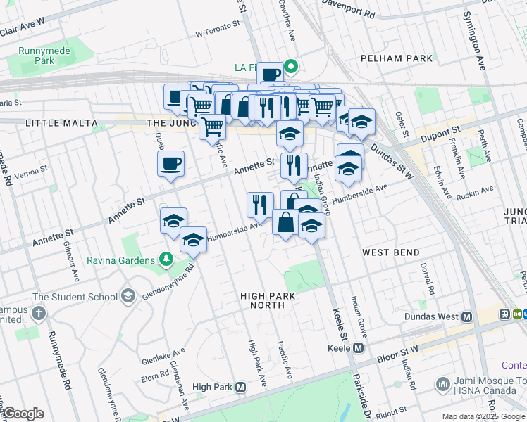 map of restaurants, bars, coffee shops, grocery stores, and more near in Toronto