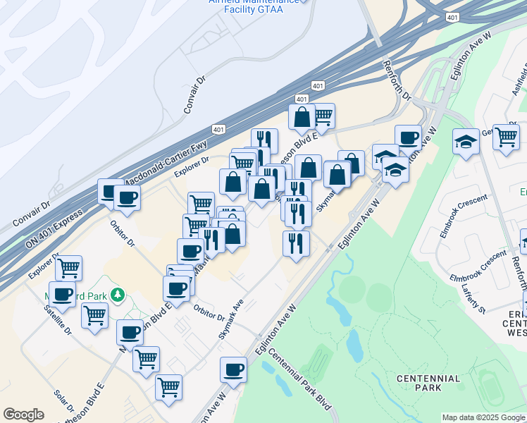 map of restaurants, bars, coffee shops, grocery stores, and more near in Mississauga