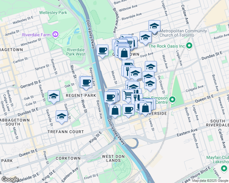 map of restaurants, bars, coffee shops, grocery stores, and more near 29 Frances Loring Lane in Toronto