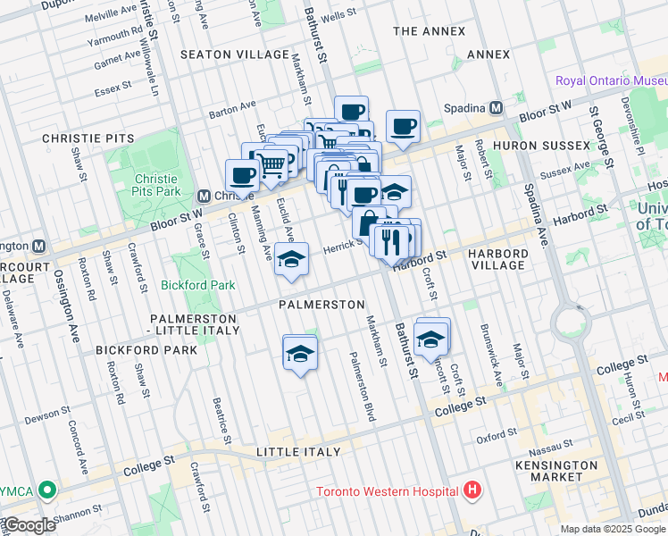 map of restaurants, bars, coffee shops, grocery stores, and more near 469 Palmerston Boulevard in Toronto