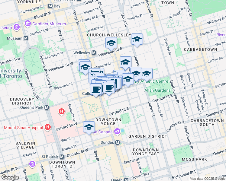 map of restaurants, bars, coffee shops, grocery stores, and more near 30 Carlton Street in Toronto