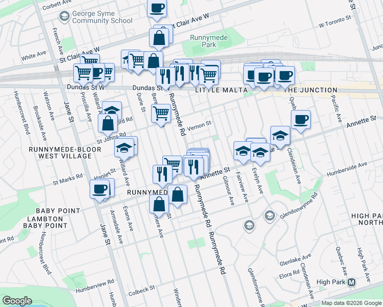 map of restaurants, bars, coffee shops, grocery stores, and more near in Toronto