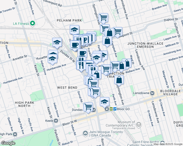 map of restaurants, bars, coffee shops, grocery stores, and more near 53 Ruskin Avenue in Toronto
