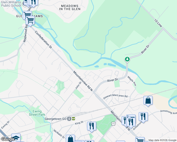 map of restaurants, bars, coffee shops, grocery stores, and more near 115 John Street in Halton Hills