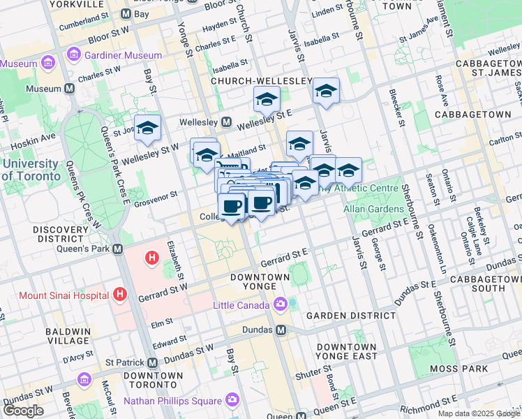 map of restaurants, bars, coffee shops, grocery stores, and more near 20 Carlton Street in Toronto