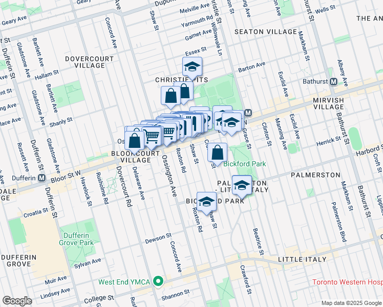 map of restaurants, bars, coffee shops, grocery stores, and more near 728 Shaw Street in Toronto