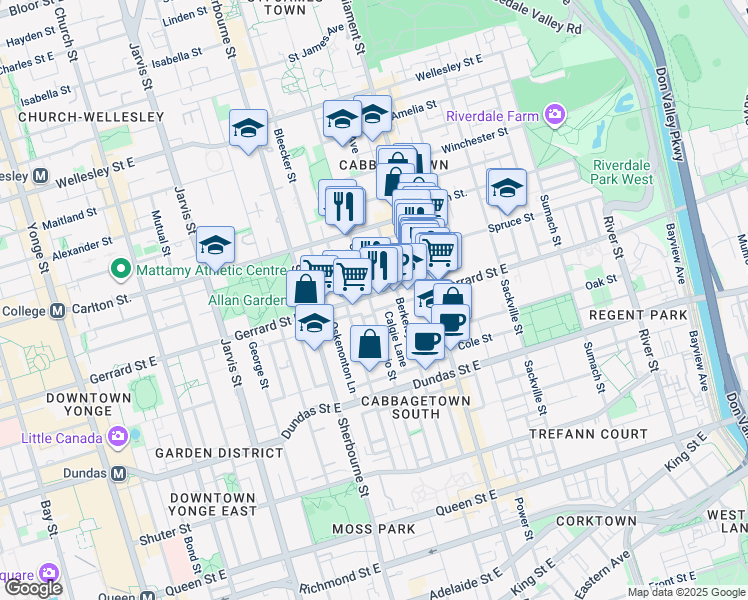 map of restaurants, bars, coffee shops, grocery stores, and more near in Toronto