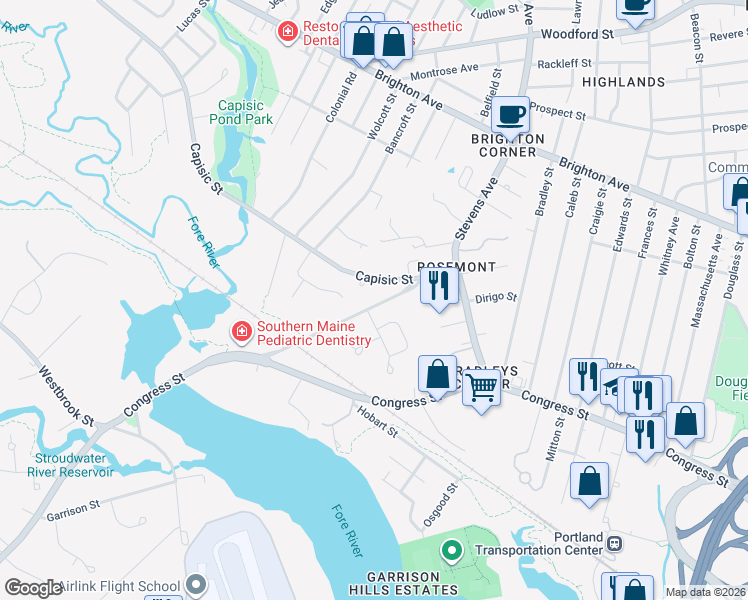 map of restaurants, bars, coffee shops, grocery stores, and more near 78 Capisic Street in Portland
