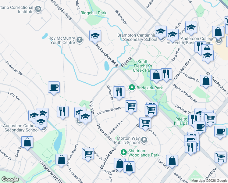 map of restaurants, bars, coffee shops, grocery stores, and more near 6 Rustywood Drive in Brampton