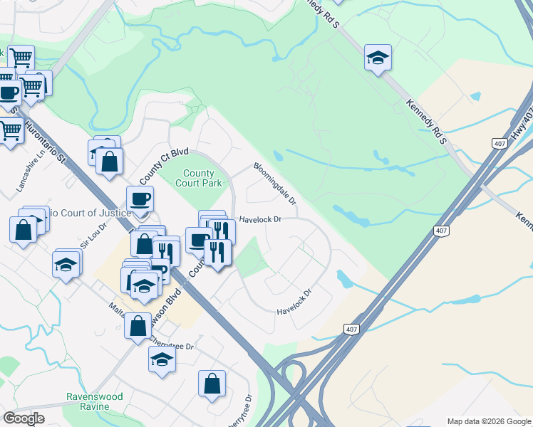 map of restaurants, bars, coffee shops, grocery stores, and more near 24 Havelock Drive in Brampton