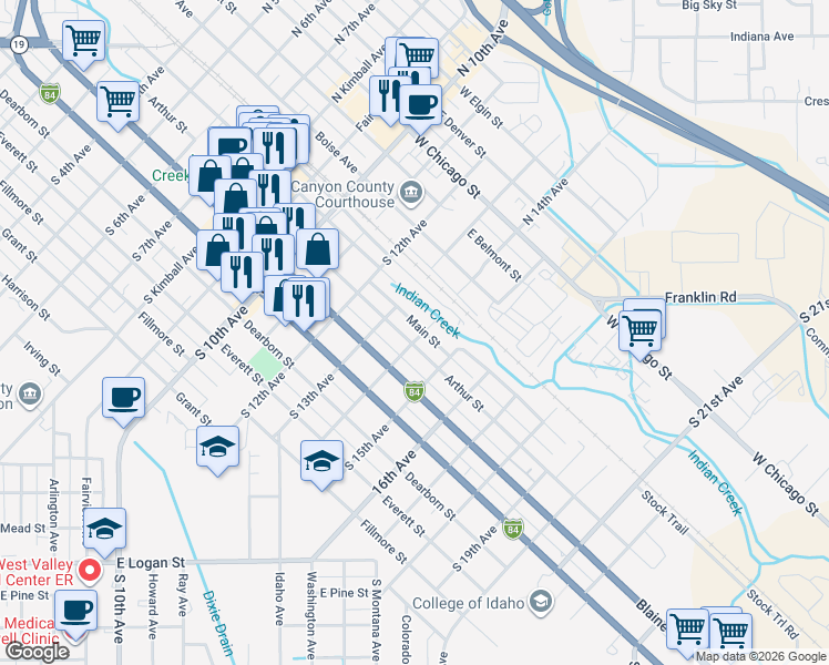 map of restaurants, bars, coffee shops, grocery stores, and more near 1309 Arthur Street in Caldwell