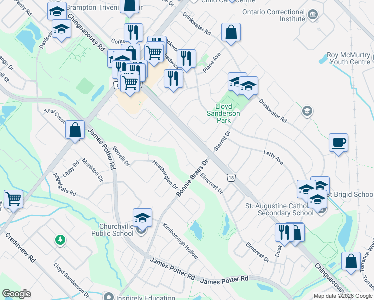 map of restaurants, bars, coffee shops, grocery stores, and more near 21 Allegro Drive in Brampton