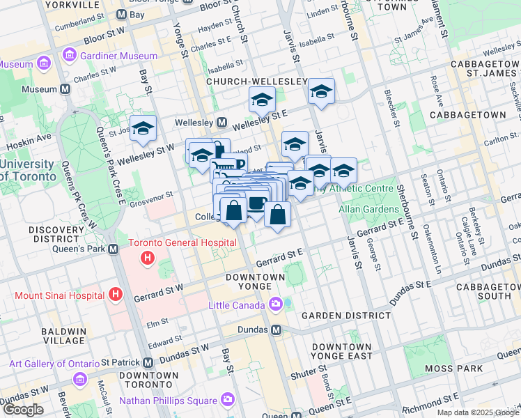 map of restaurants, bars, coffee shops, grocery stores, and more near 20 Carlton Street in Toronto