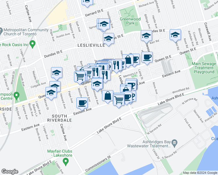 map of restaurants, bars, coffee shops, grocery stores, and more near 61 Rushbrooke Avenue in Toronto