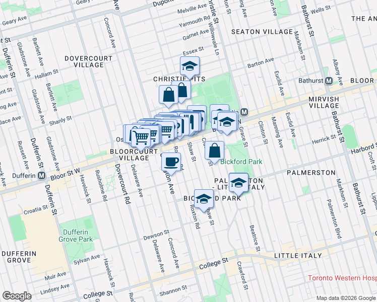 map of restaurants, bars, coffee shops, grocery stores, and more near 730 Shaw Street in Toronto