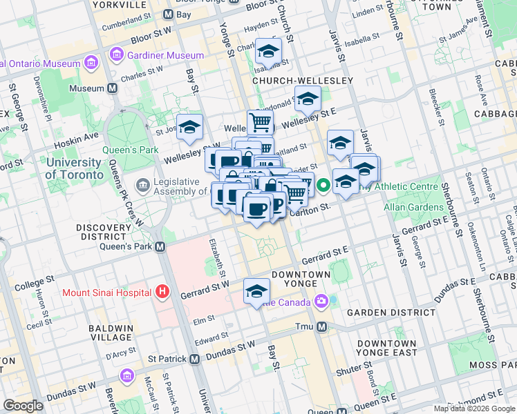 map of restaurants, bars, coffee shops, grocery stores, and more near 15 Grenville Street in Toronto
