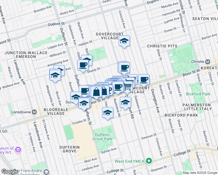 map of restaurants, bars, coffee shops, grocery stores, and more near 33 Salem Avenue in Toronto