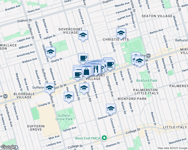 map of restaurants, bars, coffee shops, grocery stores, and more near 936 Bloor Street West in Toronto