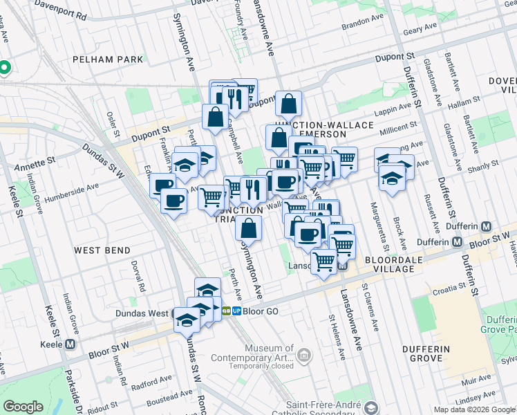 map of restaurants, bars, coffee shops, grocery stores, and more near 151 Campbell Avenue in Toronto
