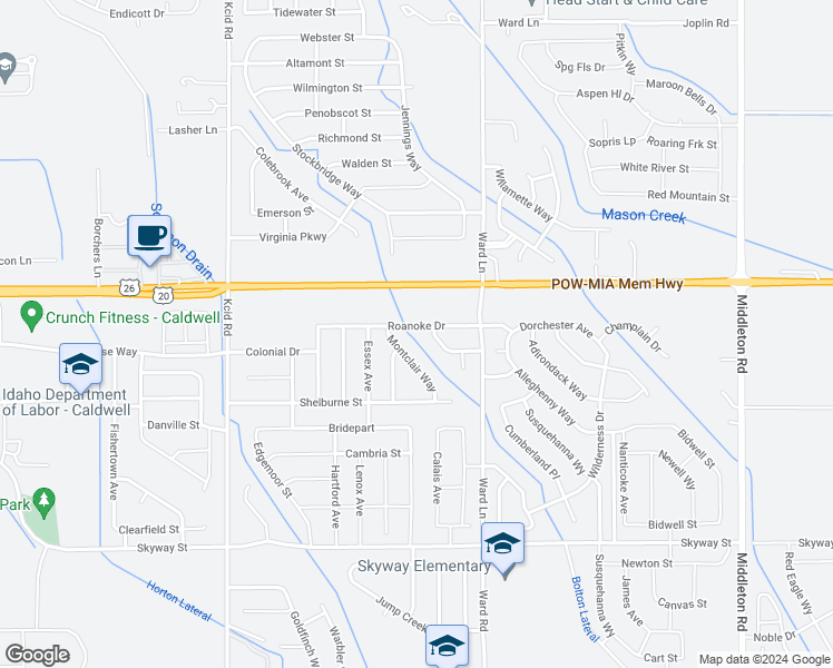 map of restaurants, bars, coffee shops, grocery stores, and more near 11635 Roanoke Drive in Caldwell