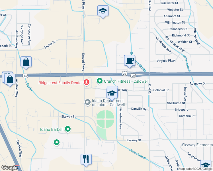 map of restaurants, bars, coffee shops, grocery stores, and more near 4623 Enterprise Way in Caldwell