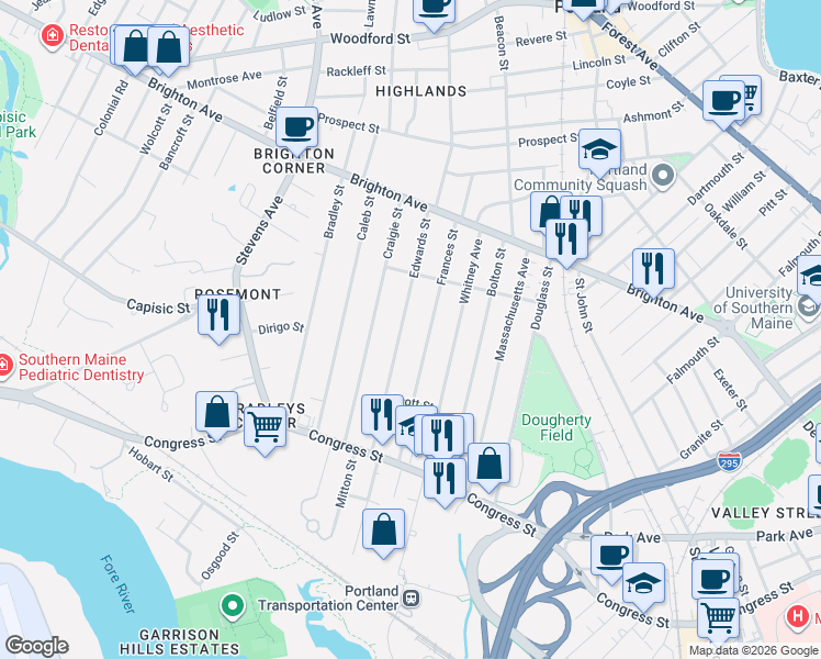 map of restaurants, bars, coffee shops, grocery stores, and more near 113 Edwards Street in Portland