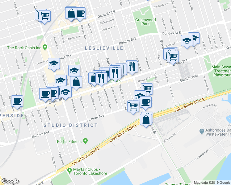 map of restaurants, bars, coffee shops, grocery stores, and more near 84 Rushbrooke Avenue in Toronto