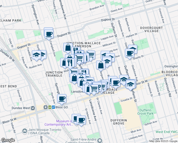 map of restaurants, bars, coffee shops, grocery stores, and more near Saint Clarens Avenue in Toronto