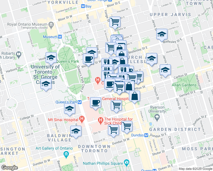 map of restaurants, bars, coffee shops, grocery stores, and more near 800 Bay Street in Toronto