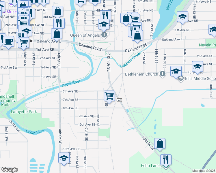 map of restaurants, bars, coffee shops, grocery stores, and more near 506 10th Drive Southeast in Austin