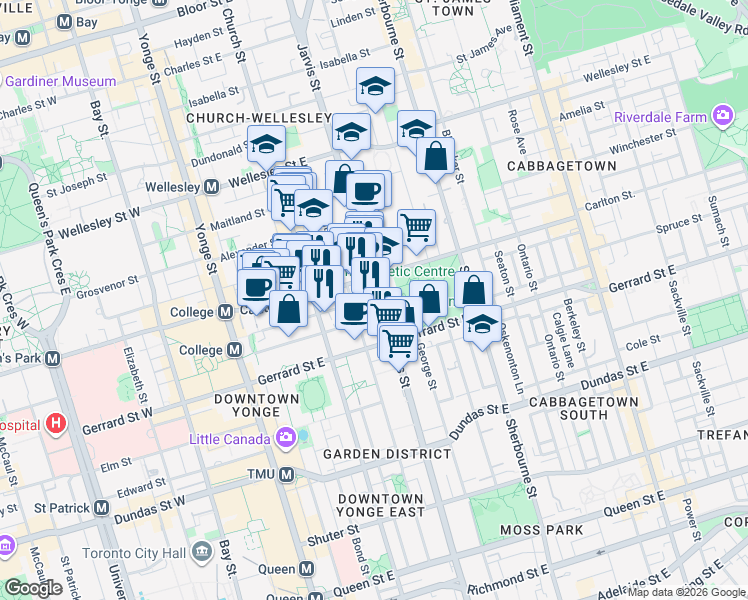 map of restaurants, bars, coffee shops, grocery stores, and more near 308 Jarvis Street in Toronto