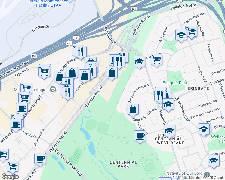 map of restaurants, bars, coffee shops, grocery stores, and more near 5409 Eglinton Avenue West in Toronto