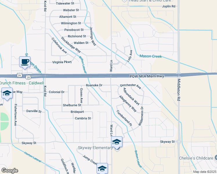 map of restaurants, bars, coffee shops, grocery stores, and more near 11503 Roanoke Drive in Caldwell