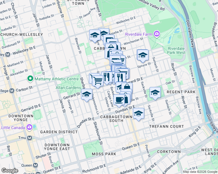 map of restaurants, bars, coffee shops, grocery stores, and more near 259 Gerrard Street East in Toronto