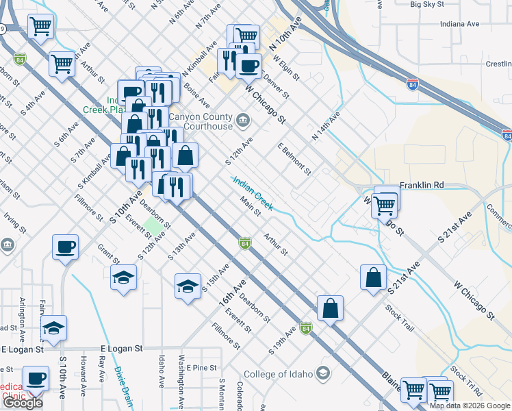 map of restaurants, bars, coffee shops, grocery stores, and more near 1401 Main Street in Caldwell