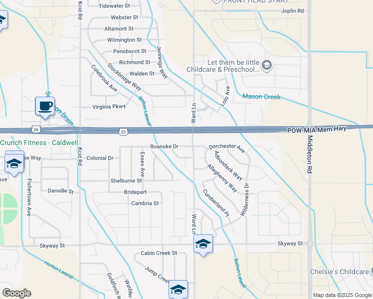 map of restaurants, bars, coffee shops, grocery stores, and more near 11519 Roanoke Drive in Caldwell