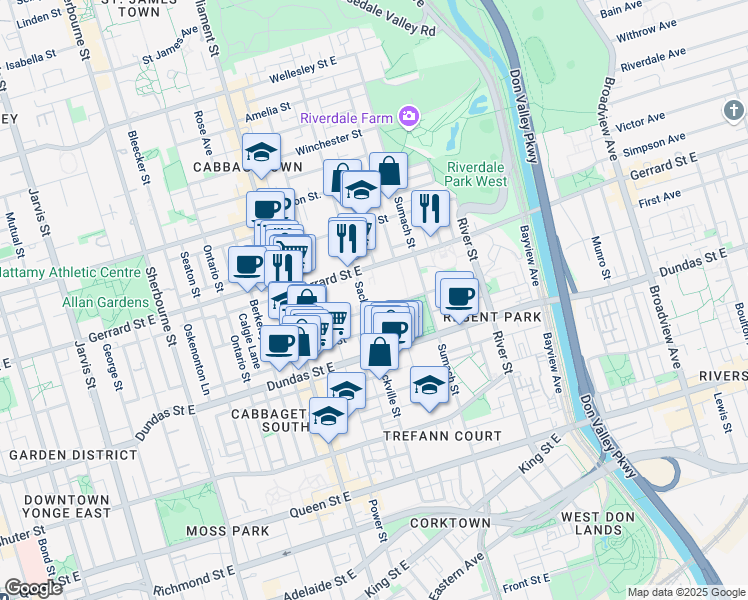 map of restaurants, bars, coffee shops, grocery stores, and more near 295 Sackville Street in Toronto