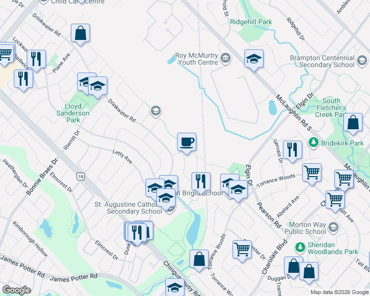 map of restaurants, bars, coffee shops, grocery stores, and more near 103 Vivians Crescent in Brampton