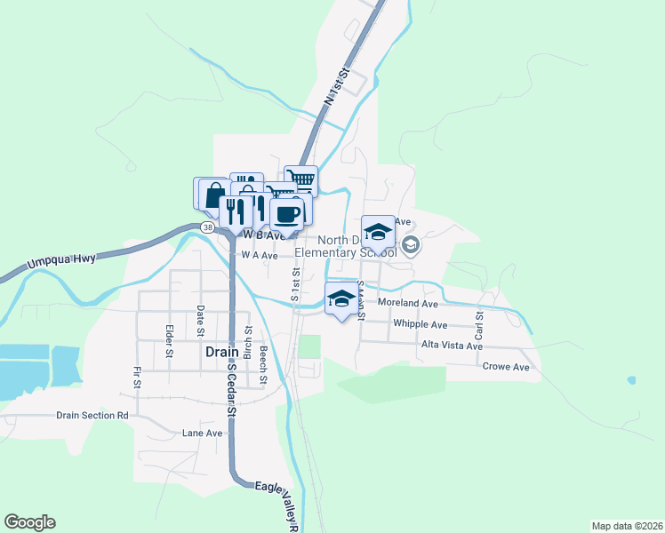 map of restaurants, bars, coffee shops, grocery stores, and more near 117 East A Avenue in Drain