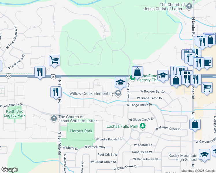 map of restaurants, bars, coffee shops, grocery stores, and more near 6287 North Silver Elm Way in Meridian
