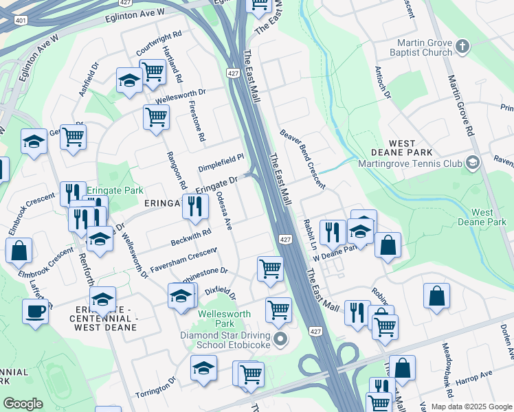 map of restaurants, bars, coffee shops, grocery stores, and more near 14 Inverdon Road in Toronto