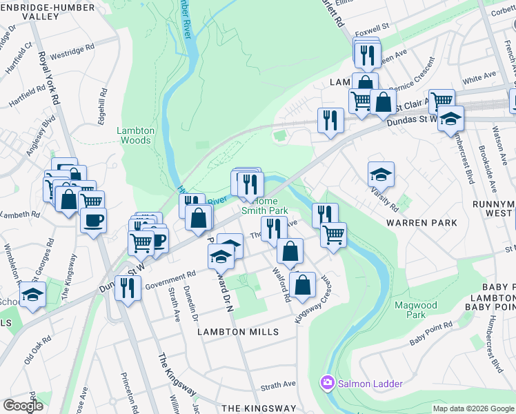map of restaurants, bars, coffee shops, grocery stores, and more near 4125 Dundas Street West in Toronto