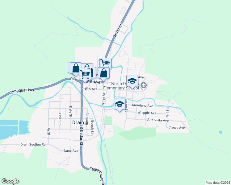 map of restaurants, bars, coffee shops, grocery stores, and more near 117 East A Avenue in Drain