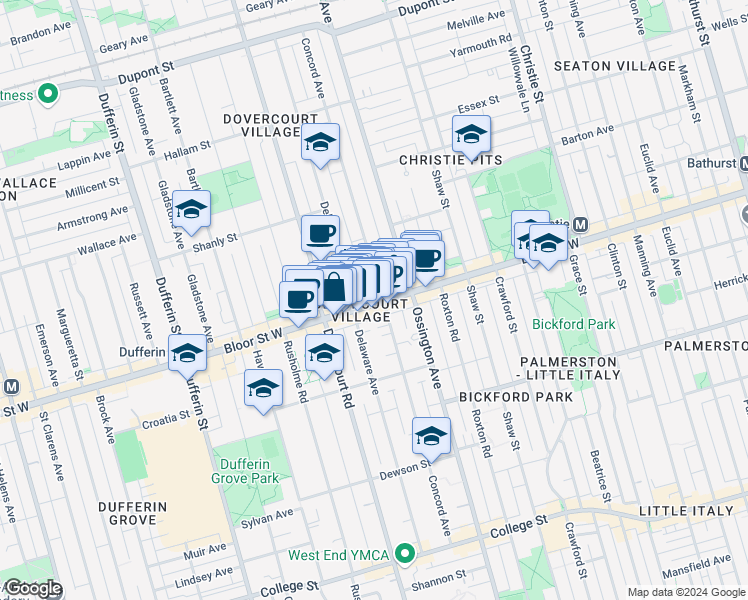 map of restaurants, bars, coffee shops, grocery stores, and more near 924A Bloor Street West in Toronto
