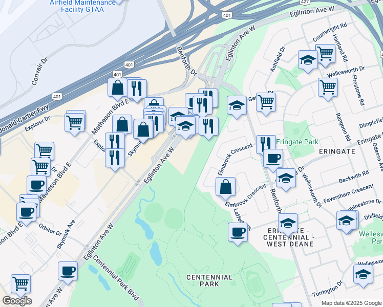 map of restaurants, bars, coffee shops, grocery stores, and more near 5409 Eglinton Avenue West in Toronto